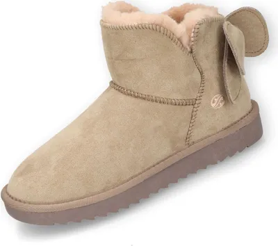 A single beige boot with a bow on the side, shown from a diagonal angle against a white background.