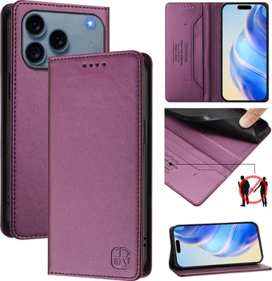 Produktbild von Lederhülle für iPhone 17 Pro Max Hülle Flip Brieftasche Kartenfächern Ständer Schutzhülle Lila