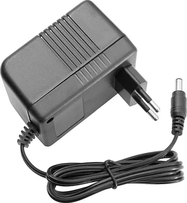 A black power adapter with a European plug and a DC barrel connector.