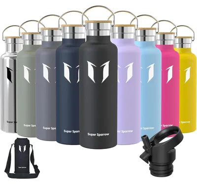 Image de Bouteille en acier inoxydable, 750 ml, noire, étanche, sans BPA, avec 2 bouchons