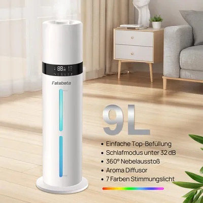 Produktbild von FATABETA Luftbefeuchter bis zu 50m², 9L Ultraschall Kaltnebel Aromadiffusor, Obenbefüllung 48h Laufzeit, extrem leiser 32dB Schlafmodus, intelligente Feuchtigkeitssteuerung, Fernbedienung & 7-LED