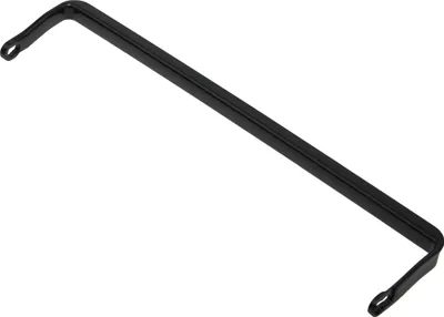 A single black metal bar with loops on each end, lying on a white background.