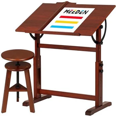 Produktbild von Vintage-Zeichentisch und -hocker-Set, Künstler-Zeichentisch und Basteltisch mit verstellbarer Höhe, kippbare Tischplatte für Kunstwerke, Grafikdesign und Schreiben