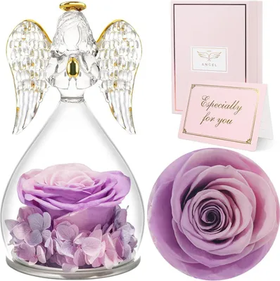 Produktbild von Sunia Ewige Rose mit Engel Figur - Geschenk für Mama & Muttertag - Handgefertigte Blume in Engel Glaskuppel - Rosa-Lila