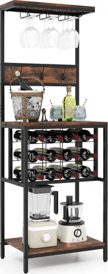 A wine rack and bar cabinet with various items displayed on it.