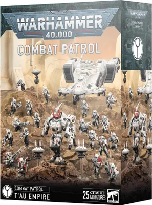 The image shows the box of a Warhammer 40,000 T'au Empire Combat Patrol set, featuring miniatures and a vehicle.