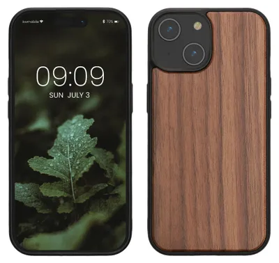 Produktbild von kwmobile Hülle kompatibel mit iPhone 15 Hülle - Holz Case - stoßfestes Handy Cover - TPU Handyhülle in Dunkelbraun
