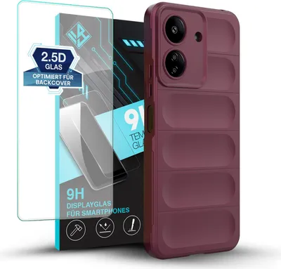 Produktbild von Handy Hülle für Xiaomi Redmi 13C mit 9H Displayglas Displayschutz Plus Grip Case Cover Schutzhülle Softgrip Farbe: Burgunder Rot