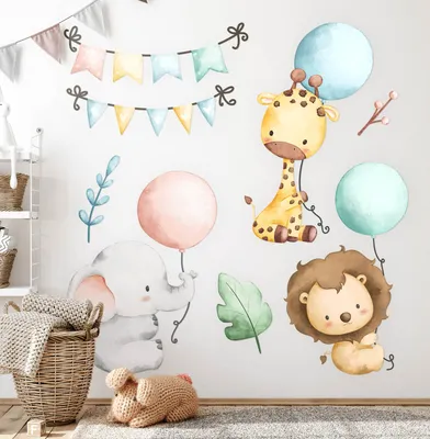 Produktbild von Tiere mit Luftballons– Wandgestaltung – Wandbilder Kinder – Motivtapeten Set – Wanddekor Kinderzimmer – Selbstklebende Wandsticker – 60x92 cm