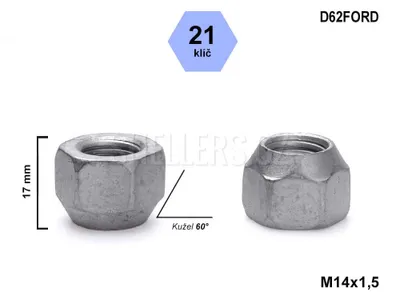 Obrázek produktu pro Kolová matice M14x1,5 kužel otevřená, klíč 21, D62FORD, výška15 mm