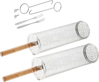 Produktbild von Famanu Grillkorb für BBQ - 2 Sets Edelstahl Grillkäfige mit Griff und Gabeln für Gemüse, Fleisch und Fisch