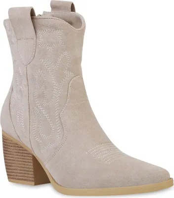 Produktbild von VAN HILL Damen Stiefeletten Cowboy Boots Trichterabsatz Stickereien Schuhe 837779, Farbe: Beige Velours, Größe: 40