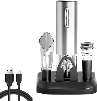 Image de Set d'ouvre-bouteille électrique avec station de charge, ouvre-bouteille électrique avec aérateur et bec verseur 2 en 1, 2 bouchons de vin sous vide pour les amateurs de vin, set cadeau de Noël