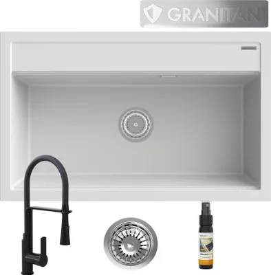 Immagine prodotto di Granitan | Lavello in granito - 805 x 505 mm - Vasca grande - Rubinetto nero - Sifone incluso