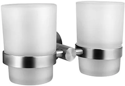 Produktbild von PolkaHome® Zahnbürstenhalter mit Wandbefestigung – Glasbecherhalter für Zahnbürsten und Zahnpasta, Edelstahl gebürstet, Silber, 17,8 x 8,8
