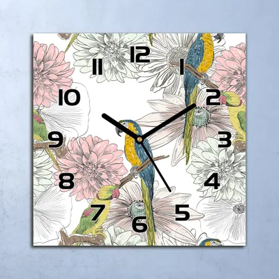 Produktbild von Wanduhr Echt-Glas-Küchenuhr Papagei und Blumen Quarz 30x30 Deko Bilder
