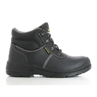 A black leather work boot is shown in a studio shot against a white background.