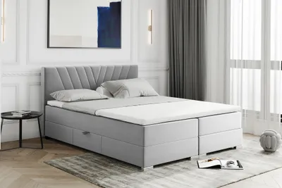 Produktbild von MEBLINI Boxspringbett mit Bettkasten - Gepolstert Doppelbett mit Matratze und Topper - Polsterbett mit Stauraum - Bett mit Kopfteil - Stauraumbett - BERNI - 180x200 - H3P/Hellgrau Samt