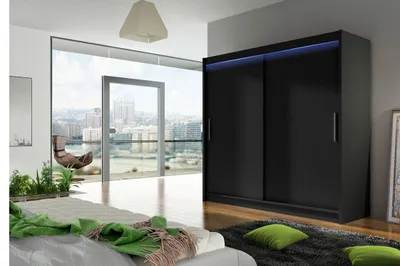 Obrázek produktu pro Šatní skříň 180 cm s posuvnými dveřmi a LED osvětlením FLORENCIO 1 - černá