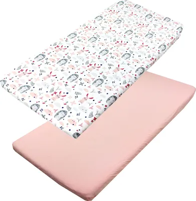 Produktbild von TupTam Baby Spannbettlaken Kinder Spannbetttuch für Babybett Kinderbett 2er Pack, Farbe: Igel / Hase / Rosa, Größe: 90 x 200 cm