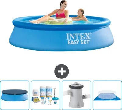 Produktbild von Intex runder aufblasbarer Easy Set-Pool – 244 x 61 cm – Blau – im Lieferumfang enthalten Abdeckung - Wartungspaket - Filterpumpe für Schwimmbad - Bodenplane
