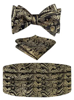 Produktbild von Herren Fliegen-Kummerbund-Pocket Square Set Paisley Schwarz+Gold Polyester