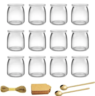 Produktbild von 200 ml Joghurtgläser mit Deckel und Löffel, kleine Dessertgläser, multifunktional, transparente Dessertgläser, aus Glas, mit Etikett und Kordel, für Joghurt, Dessert, Pudding, Marmelade, Honig (12 Stück)