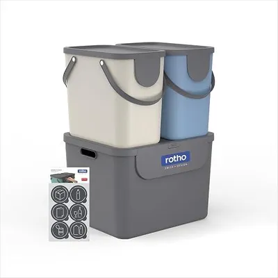 Imagen del producto de Contenedor de basura para cocina, modelo Albula, sistema de separación de residuos de 3 compartimentos con tapa, capacidad de 105 litros