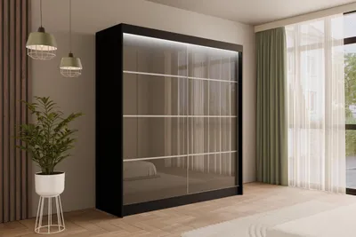Produktbild von ALTDECOR Kleiderschrank mit Lacobel-Schiebetüren, kugelgelagerte Führungsschienen und Aluminium- Leisten, LED-Beleuchtung (weiß + 16 Farben) und Fernbedienung - PEKA3 - 200 cm Schwarz /  Grau