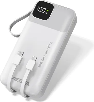 Produktbild von VIESTA® Powerbank 20.000 mAh Weiß Schnellladen 22,5 W PD 20W USB-C Lightning Kabel LCD Display LED Taschenlampe USB-A USB-C Trageschlaufe