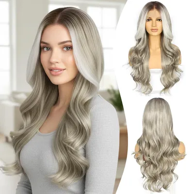 Produktbild von Perücke Lace Front Synthetik Grau 13x4 Body Wave 26 Zoll Damen