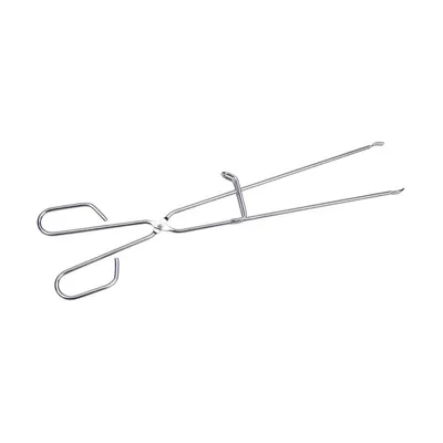 A stainless steel barbecue tong is shown against a white background.