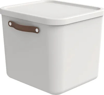 A white storage box with a brown handle is shown against a white background.