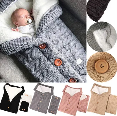 Produktbild von Baby Schlafsack für Kinderwagen Winter Gestrickt Schlafsack Süße Samt Warme Tasche Pucksack Stricken Wickeln Abnehmbare Ärmel Strick Decke Schlafsack Swaddle für Babys Neugeboren 0-18 Monat