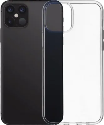 A black iPhone 12 Pro is shown next to a transparent phone case.