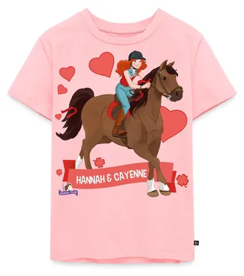 Produktbild von Spreadshirt Schleich Horse Club Hannah & Cayenne reiten aus Kinder Premium T-Shirt, 122/128 (6 Jahre), Rosa
