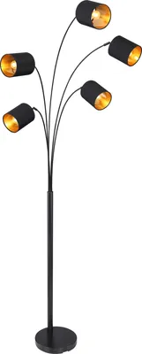 A black floor lamp with five adjustable lights.