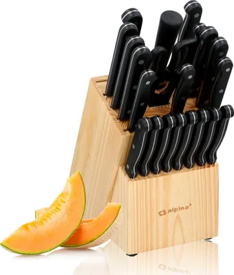 Image de alpina Bloc à couteaux 22pcs - Set de couteaux avec bloc - Set de couteaux de cuisine - 18 couteaux différents - Aiguiseur et ciseaux avec revêtement anti-adhésif inclus