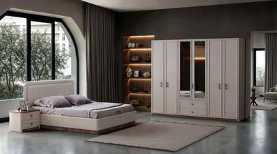 Image de Ensemble de meubles de chambre à coucher Lit Tables de chevet Armoire avec miroir