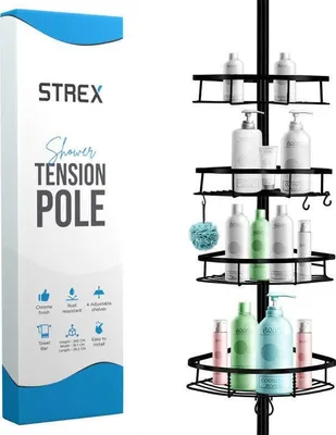 Image de Strex Strex Etagère de douche télescopique noire - Réglable 70-275 cm - 4 paniers - Qualité robuste - Fixation sans percer ni visser - Etagère de douche télescopique d'angle
