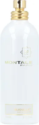 A white bottle of Montale Mukhallat Edp Spray with a gold cap and gold lettering.