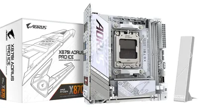Produktbild von GIGABYTE X870I AORUS PRO ICE Mainboard - Unterstützt AMD Ryzen 9000er-Serie CPUs, 8+2+1 Phasen VRM, bis zu 8400 MHz DDR5 (OC), 1xPCIe 5.0 M.2 + 1xPCIe 4.0 M.2, WI-FI 7, 2,5 GbE LAN, USB 4