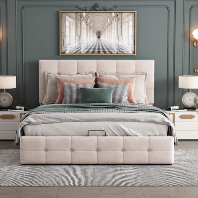A bedroom scene with a bed, nightstands, and a painting on the wall.