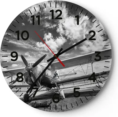 Produktbild von Wanduhr - Rund - Glasuhr - An-2 Flugzeug Schwarzweiß - 40x40cm - Schleichendes Uhrwerk - Lautlos - zum Aufhängen bereit - Dekoration Modern - Wanddekoration aus Glas - C4AR40x40-4228