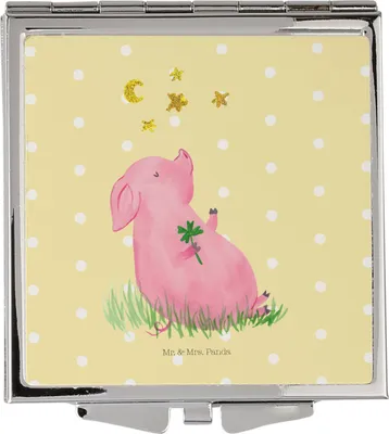 Produktbild von Mr. & Mrs. Panda Handspiegel Schwein Glück - Gelb Pastell - Geschenk, Sterne, Motivation, Schminkspiegel, Frauen Spiegel, Träume, Lustige Sprüche, Ziele, Taschenspiegel