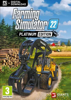 The cover art for Farming Simulator 22: Platinum Edition for PC, featuring a logging machine in a rural setting.