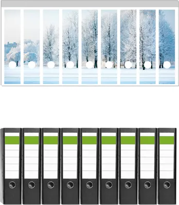 Produktbild von Wallario 9 Stück breite Ordner inkl. Klebeetiketten mit Motive Verschneite Bäume in einer Winterlandschaft -  Set mit Rückenschildern / Ordnerrücken Stickern