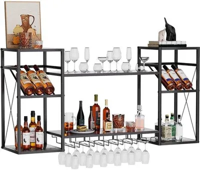 Zdjęcie produktu dla Półka ścienna na wino Unyqoos® wykonana z metalu, czarna – miejsce na 30 butelek i 12 kieliszków, z uchwytami na kieliszki, montaż na ścianie, maksymalne obciążenie do 50 kg