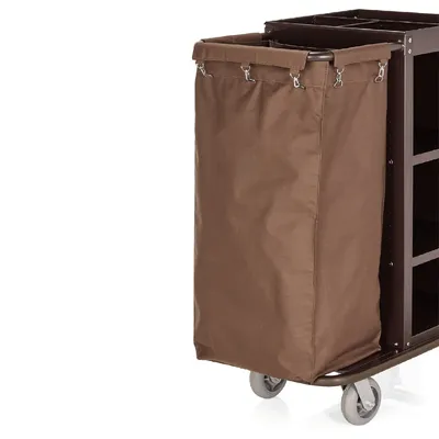 A close-up view of a brown laundry bag attached to a rolling cart.