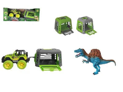 Zdjęcie produktu dla Zabawkowy jeep Mac z przyczepą i dinozaurem